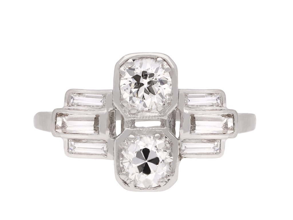 Art Deco diamond two stone cluster ring, circa 1925. Hatton Garden