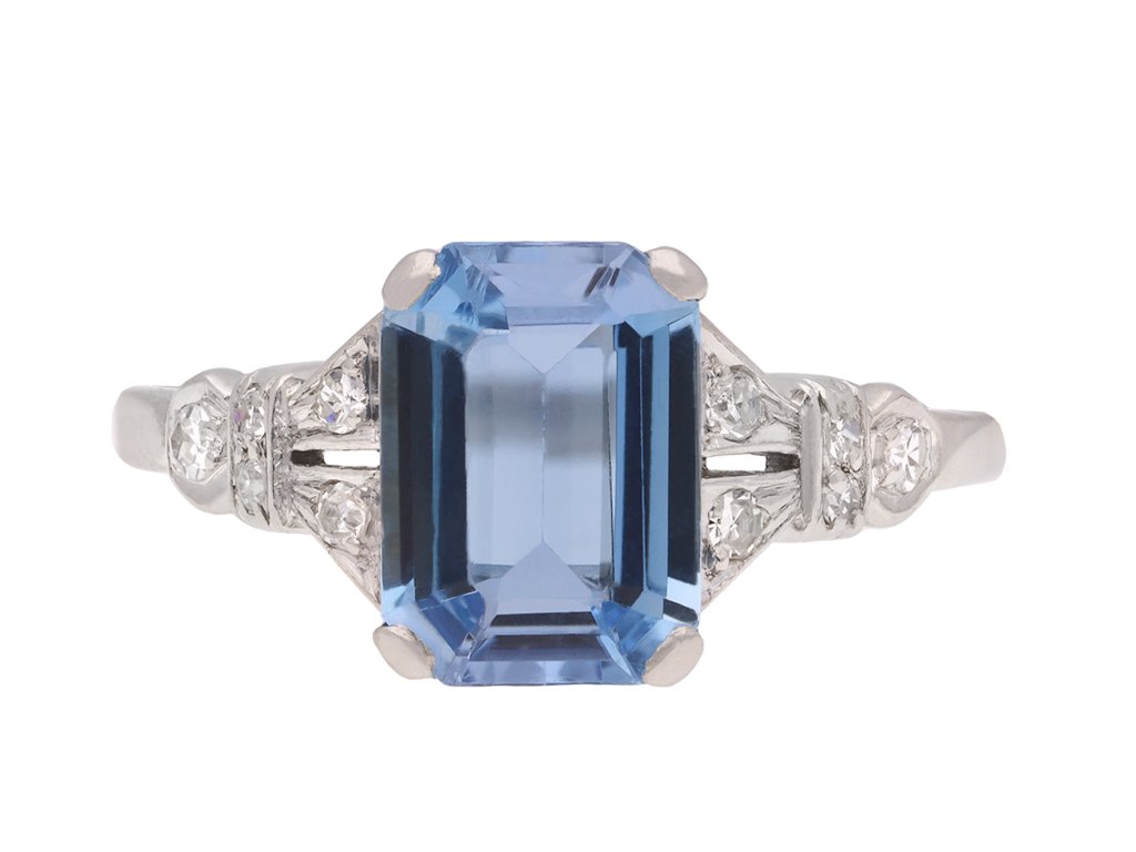Aquamarine and diamond flank solitaire ring, circa 1940. Hatton Garden