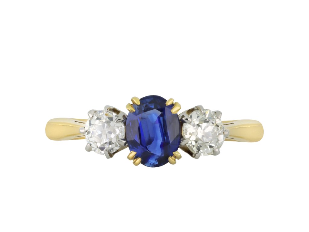 Ceylon sapphire and diamond three stone ring hatton garden