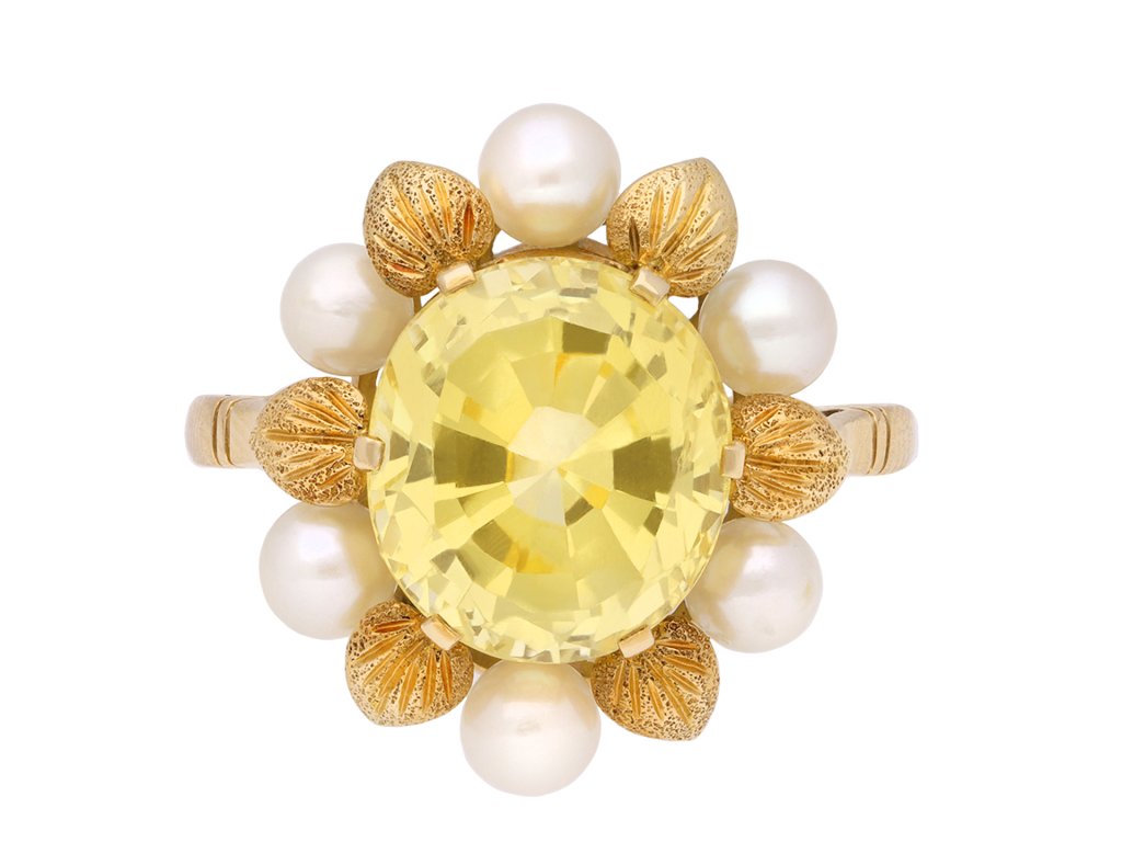 Yellow Ceylon sapphire and pearl ring, circa 1960. Hatton Garden