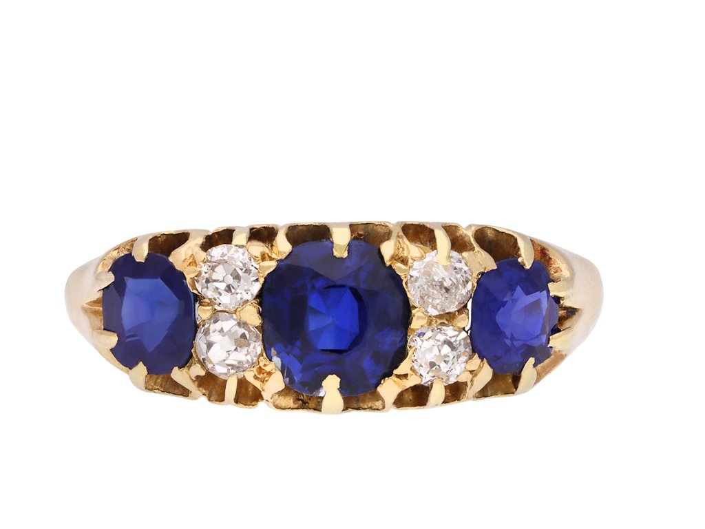 Victorian sapphire and diamond seven stone ring, circa 1881. Hatton Garden