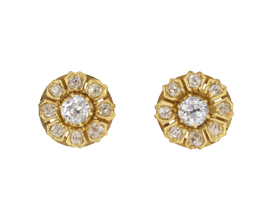 Old mine diamond cluster earrings, circa 1890. Hatton Garden