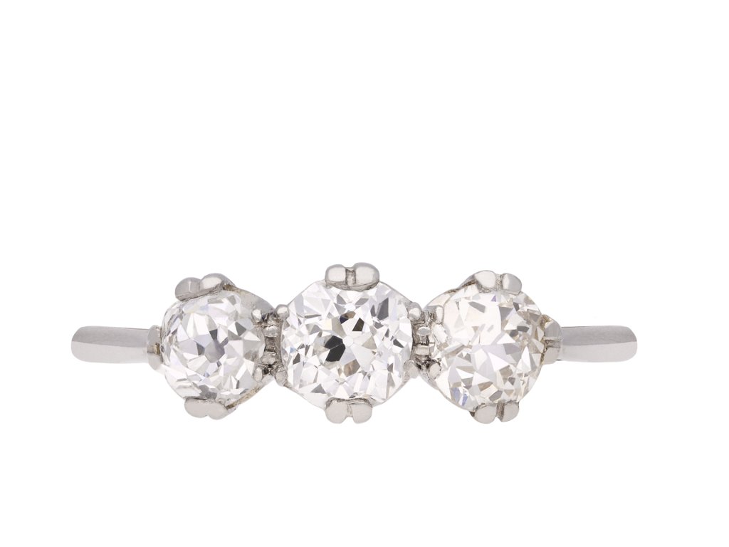 Old cut diamond three stone ring, circa 1920. Hatton Garden