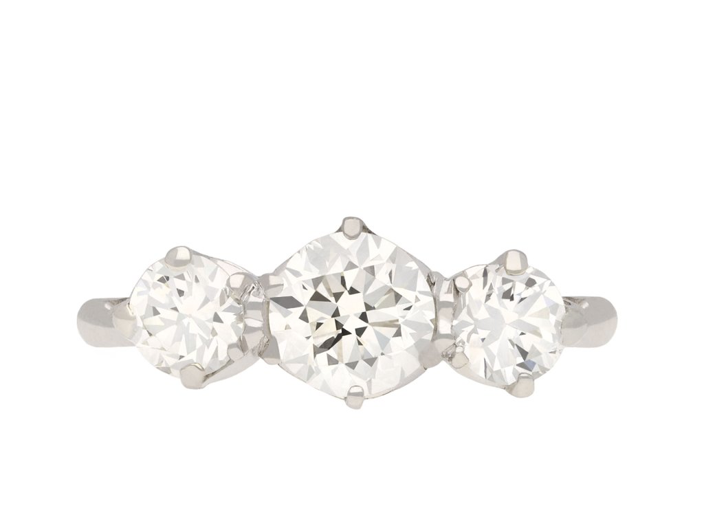 Old cut diamond three stone ring, circa 1920.Hatton Garden