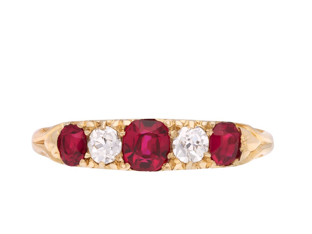 Burmese ruby and diamond five stone ring, circa 1890. Hatton Garden