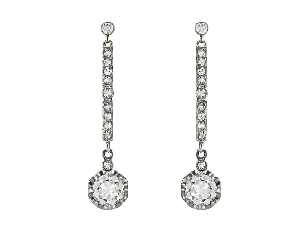 Diamond drop earrings, circa 1920. 