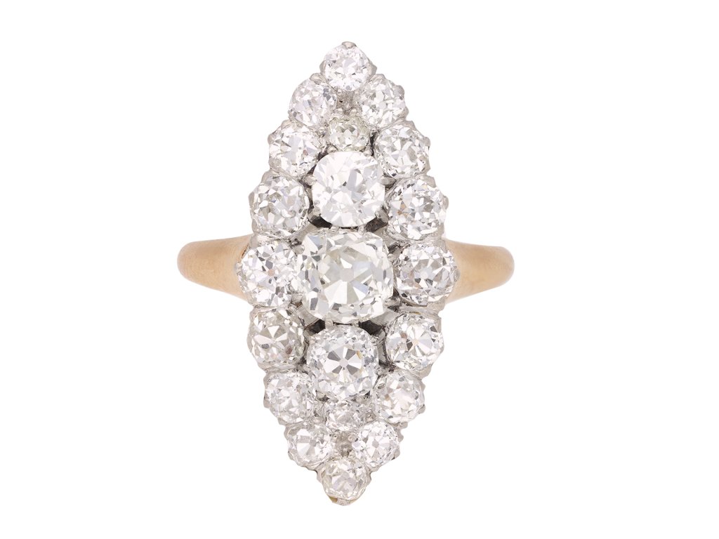 Belle Époque marquise shape diamond cluster ring, French, circa 1905. Hatton Garden