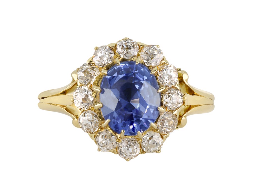 Ceylon sapphire diamond coronet cluster ring hatton garden