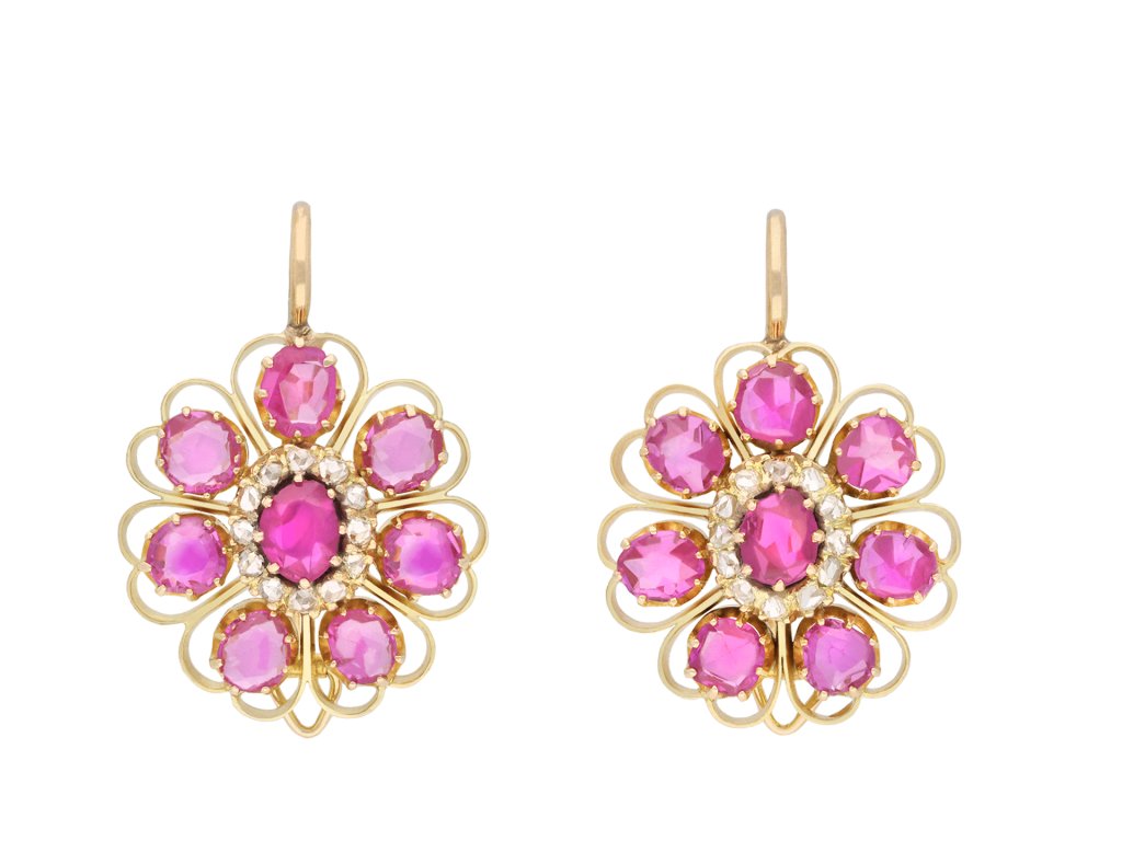 Victorian pink sapphire and diamond flower earrings, circa 1890. Hatton Garden