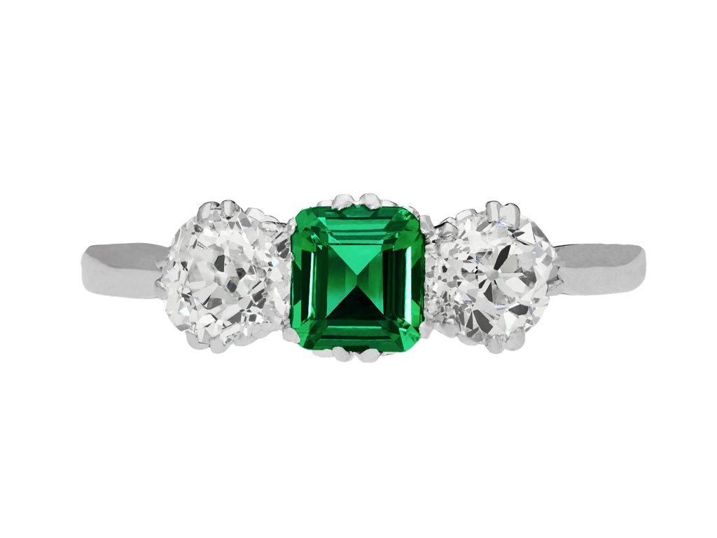 colombian emerald and diamond three stone ring.  hatton garden