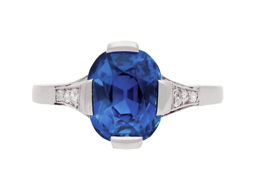 ceylon sapphire and diamond flanked solitaire ring. hatton garden