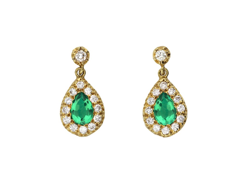 cropp & farr emerald and diamond drop earrings. hatton garden.