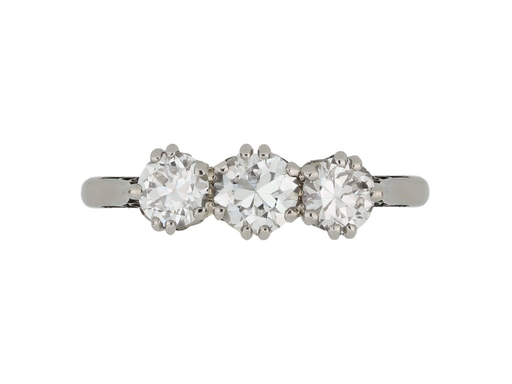 Old cut diamond three stone ring, circa 1910. 