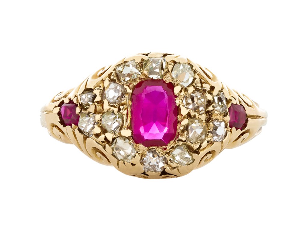 burmese ruby and diamond cluster ring. hatton garden.