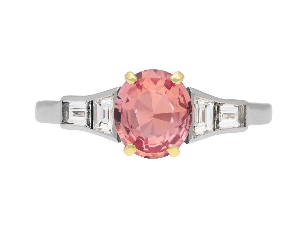 padparadscha ceylon sapphire and diamond ring. hatton garden.