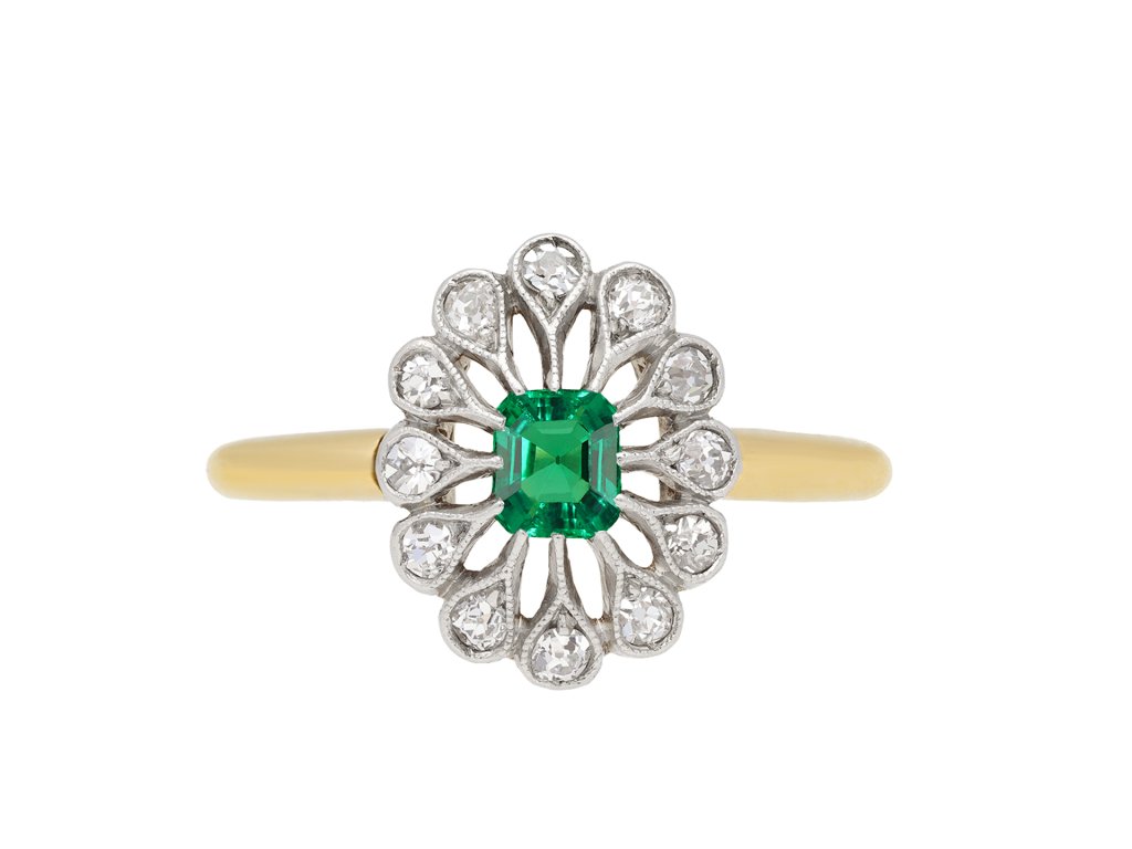 edwardian emerald and diamond coronet cluster ring. hatton garden