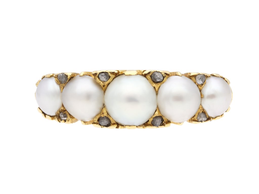 victorian pearl five stone carved ring, circa 1890. hatton garden