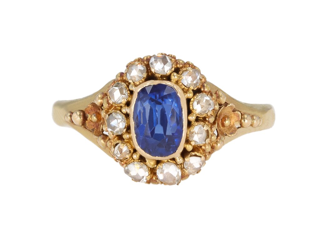 Sapphire and diamond coronet cluster ring, circa 1860. hatton garden