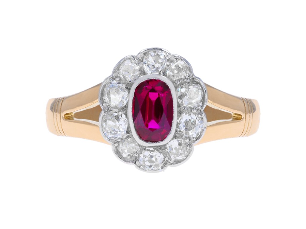 Edwardian ruby and diamond coronet cluster ring. hatton garden.