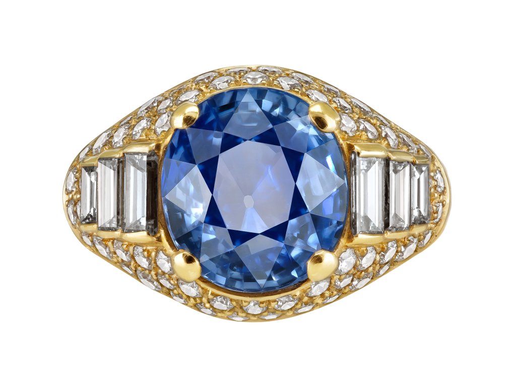 Bulgari Ceylon sapphire and diamond 'Trombino' ring, circa 1980. 