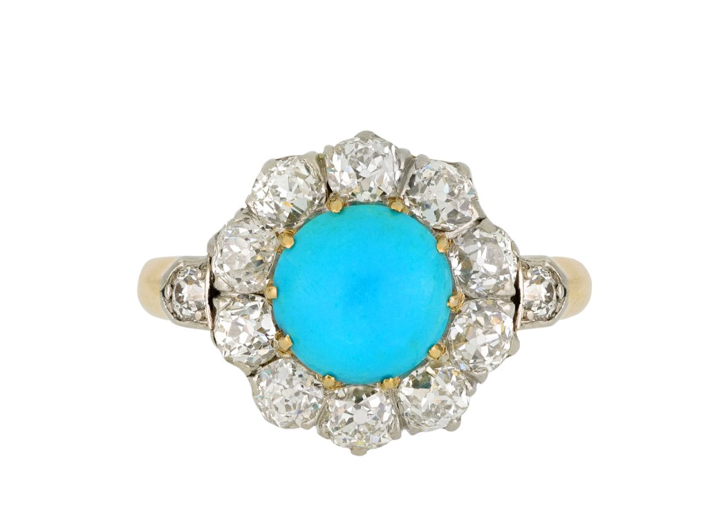 Edwardian turquoise and diamond coronet cluster ring