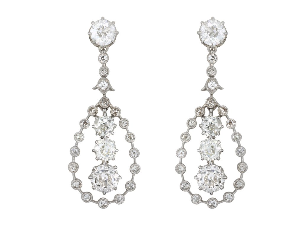 Edwardian diamond drop earrings, circa 1910. hatton garden