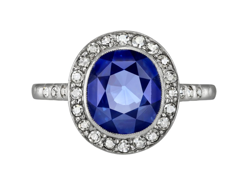 Ceylon sapphire and diamond coronet cluster ring, French, circa 1920. 