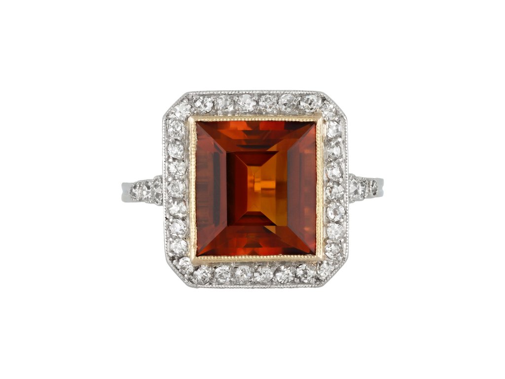 Art Deco citrine and diamond coronet cluster ring, French, circa 1920. 
