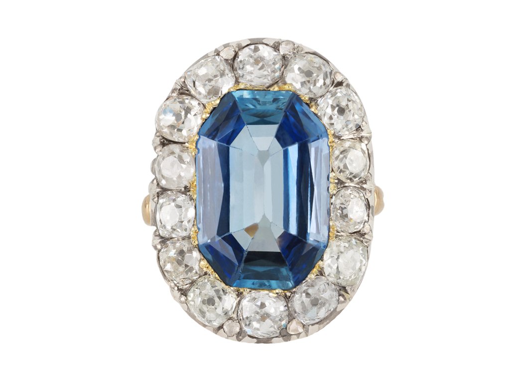 Victorian sapphire and diamond coronet cluster ring, circa 1870.