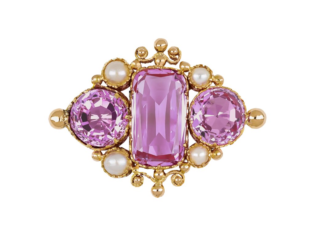 Victorian pink topaz and pearl brooch, circa 1870.
