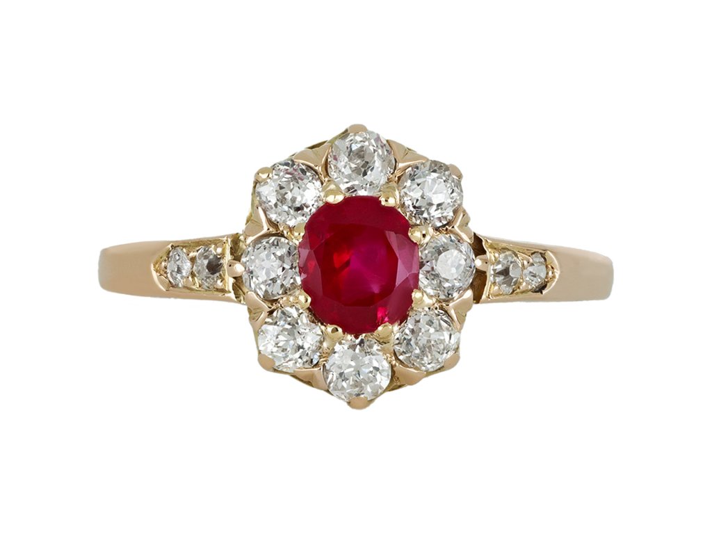 Burmese ruby and diamond coronet cluster ring hatton garden