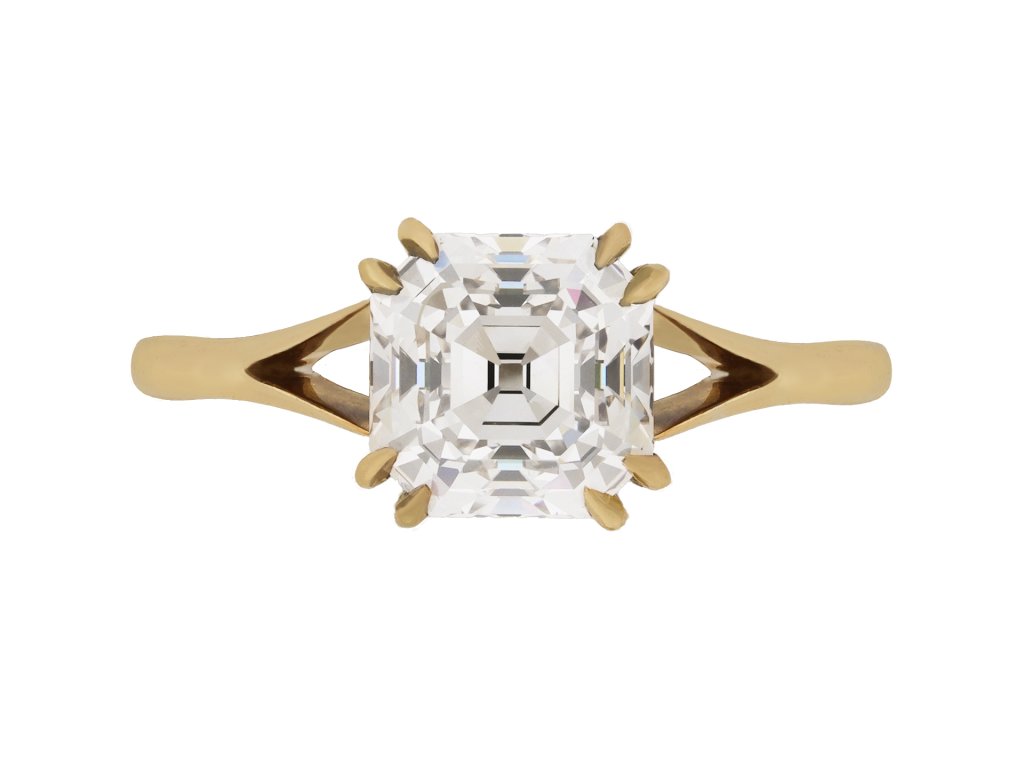 Asscher cut diamond solitaire ring, circa 1950. 