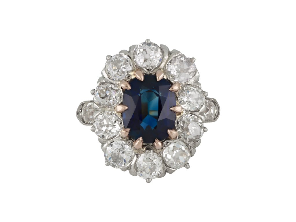 Edwardian sapphire and diamond coronet cluster ring, circa 1910.