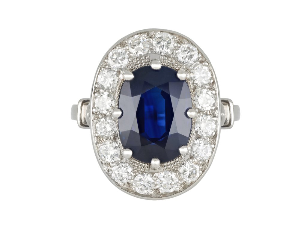 Sapphire and diamond coronet cluster ring, French, circa 1950.