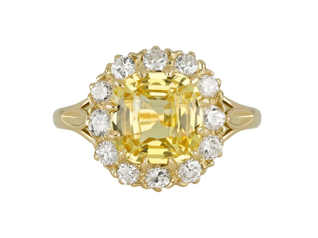 Yellow Ceylon sapphire and diamond coronet cluster ring, circa 1900