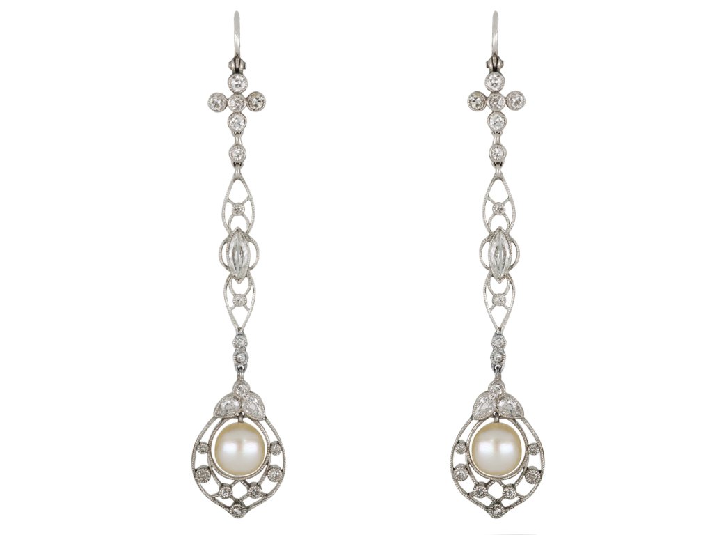 Edwardian pearl and diamond drop earrings, circa 1915.