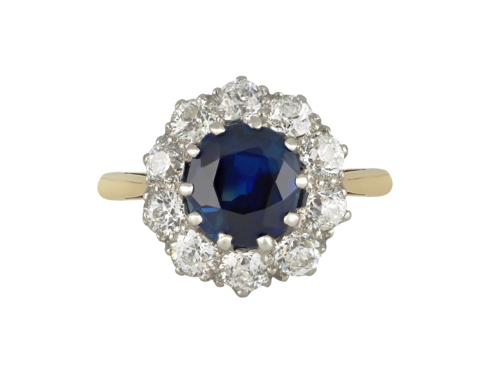 Edwardian sapphire and diamond coronet cluster ring, circa 1915.