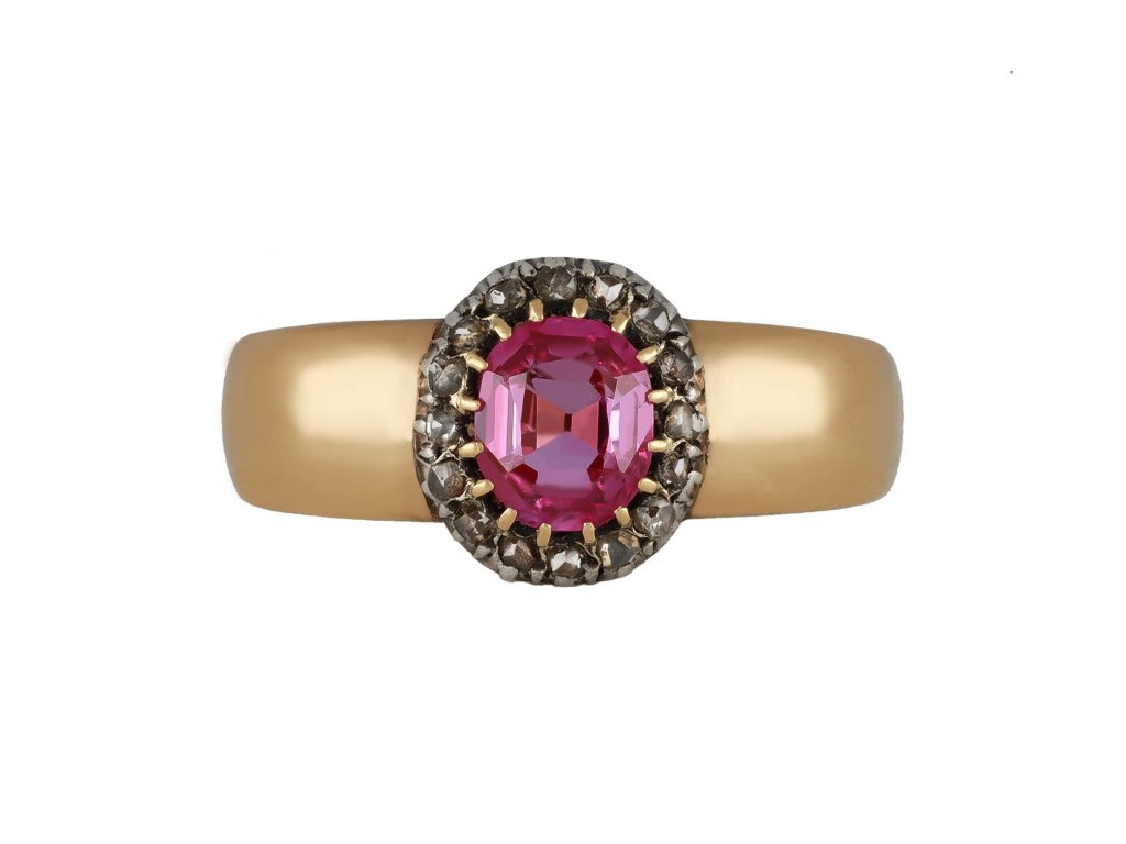Pink Burmese Sapphire and diamond coronet cluster ring, circa 1880. 