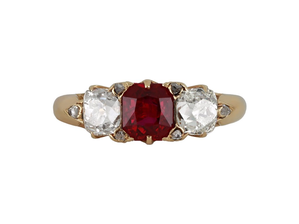 Victorian ruby and diamond carved ring, circa 1890.