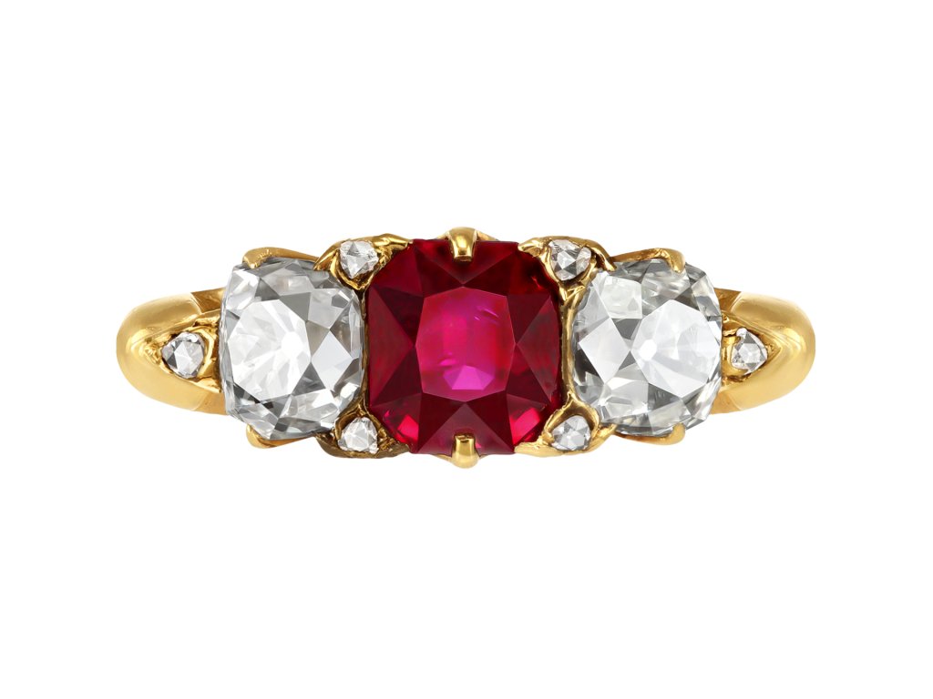 Victorian ruby and diamond carved ring, circa 1890.