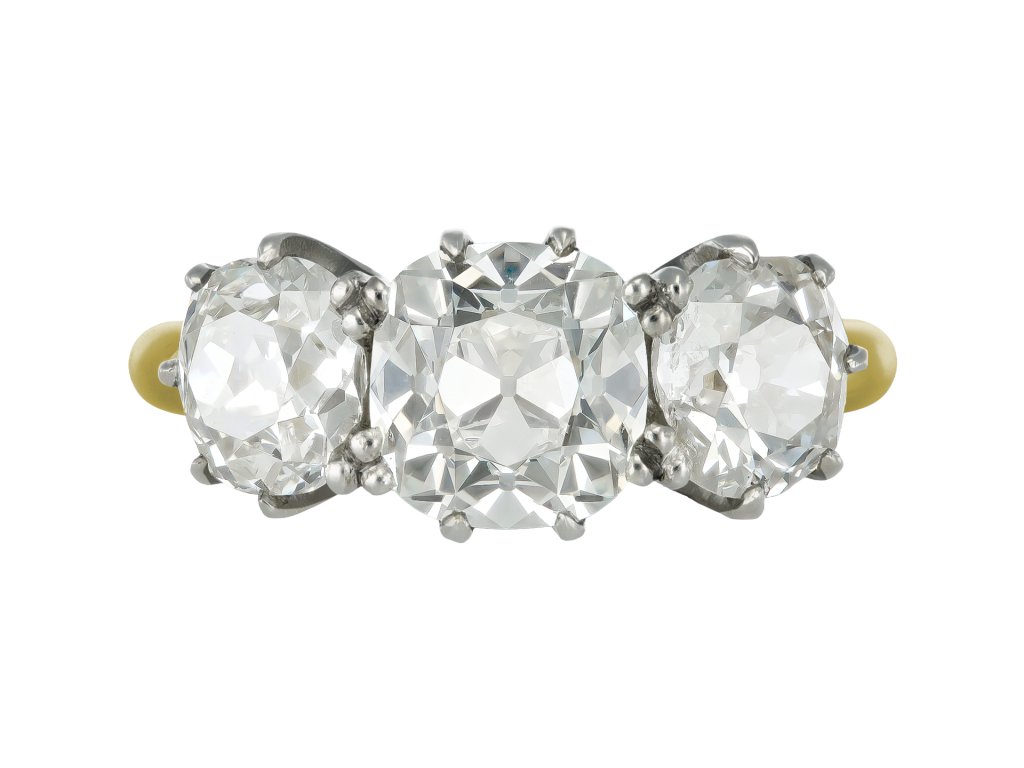 Old mine diamond three stone ring, circa 1910. 