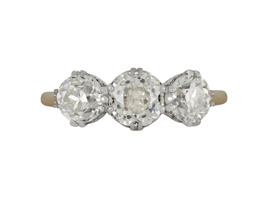 Old cut diamond three stone ring, circa 1905. 
