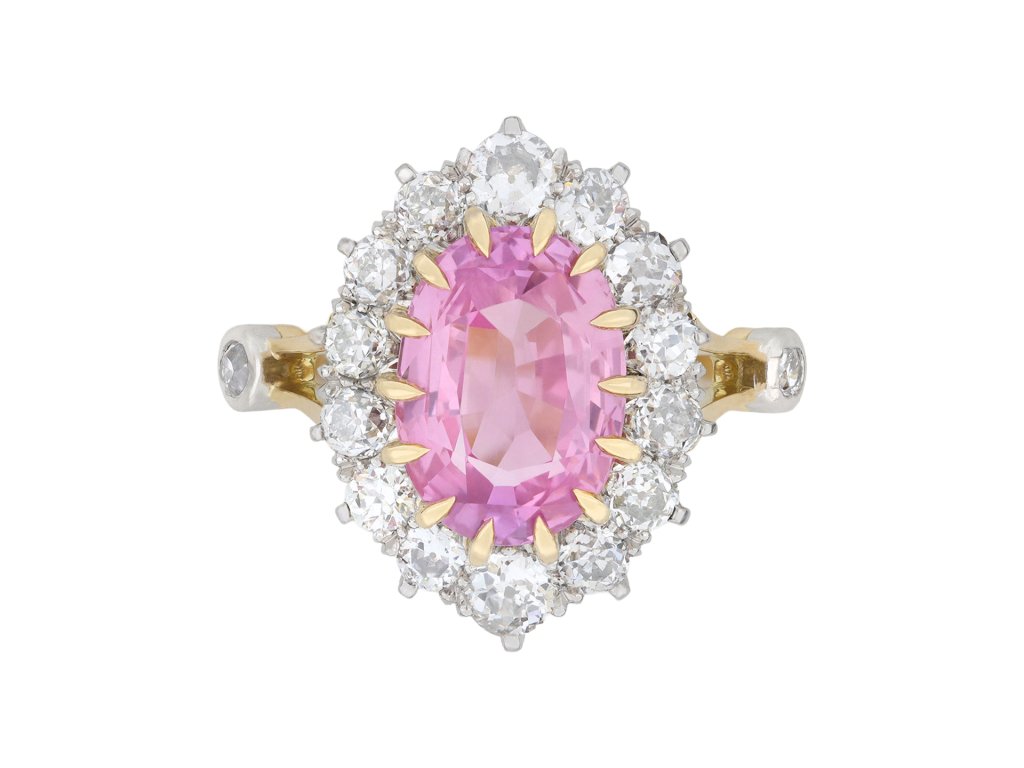 Padparadscha and diamond coronet cluster ring, circa 1910.