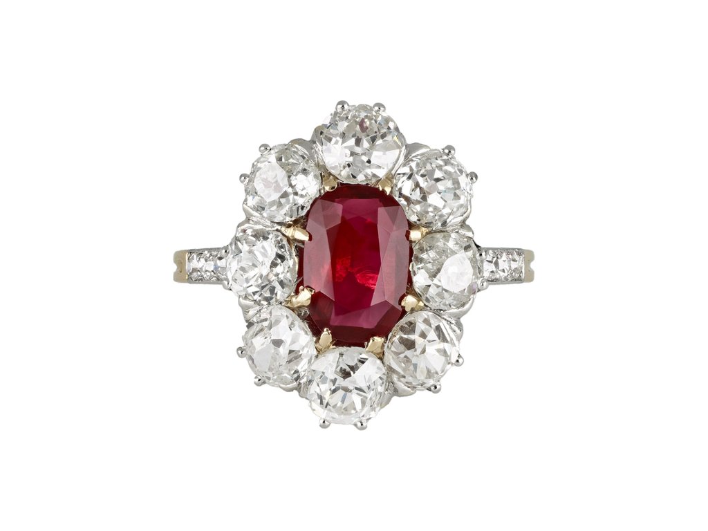 Burmese ruby and diamond coronet cluster ring, circa 1905.