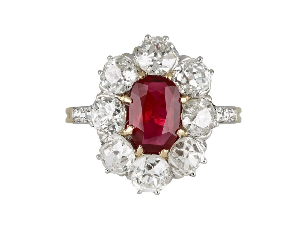 Burmese ruby and diamond coronet cluster ring, circa 1905.