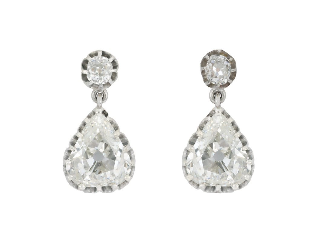 Drop shape diamond earrings, circa 1900. 