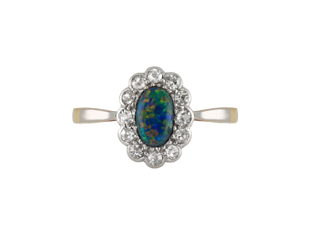 Opal and diamond cluster ring, circa 1910.