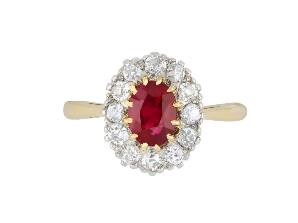 Burmese Ruby and diamond coronet cluster ring, circa 1910. 