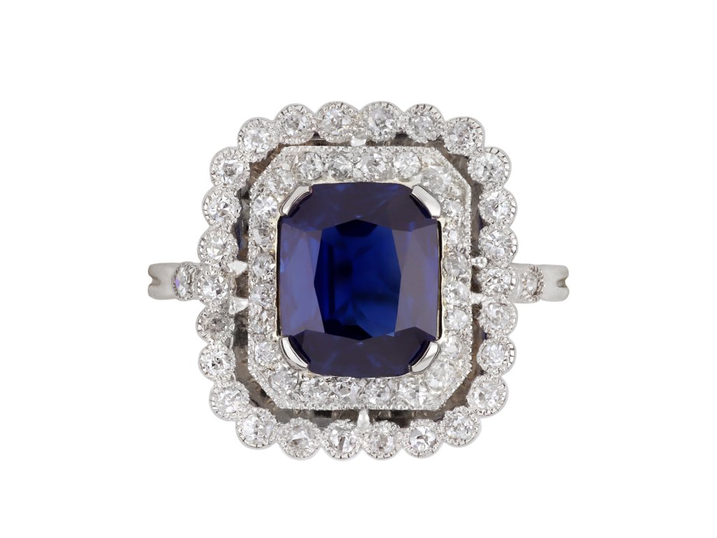 Sapphire and diamond cluster ring, French, circa 1915.