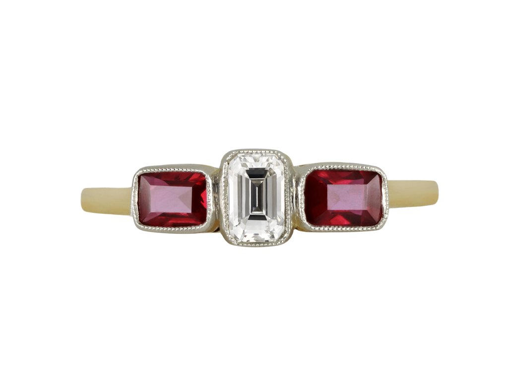 Diamond and ruby three stone ring, circa 1940.